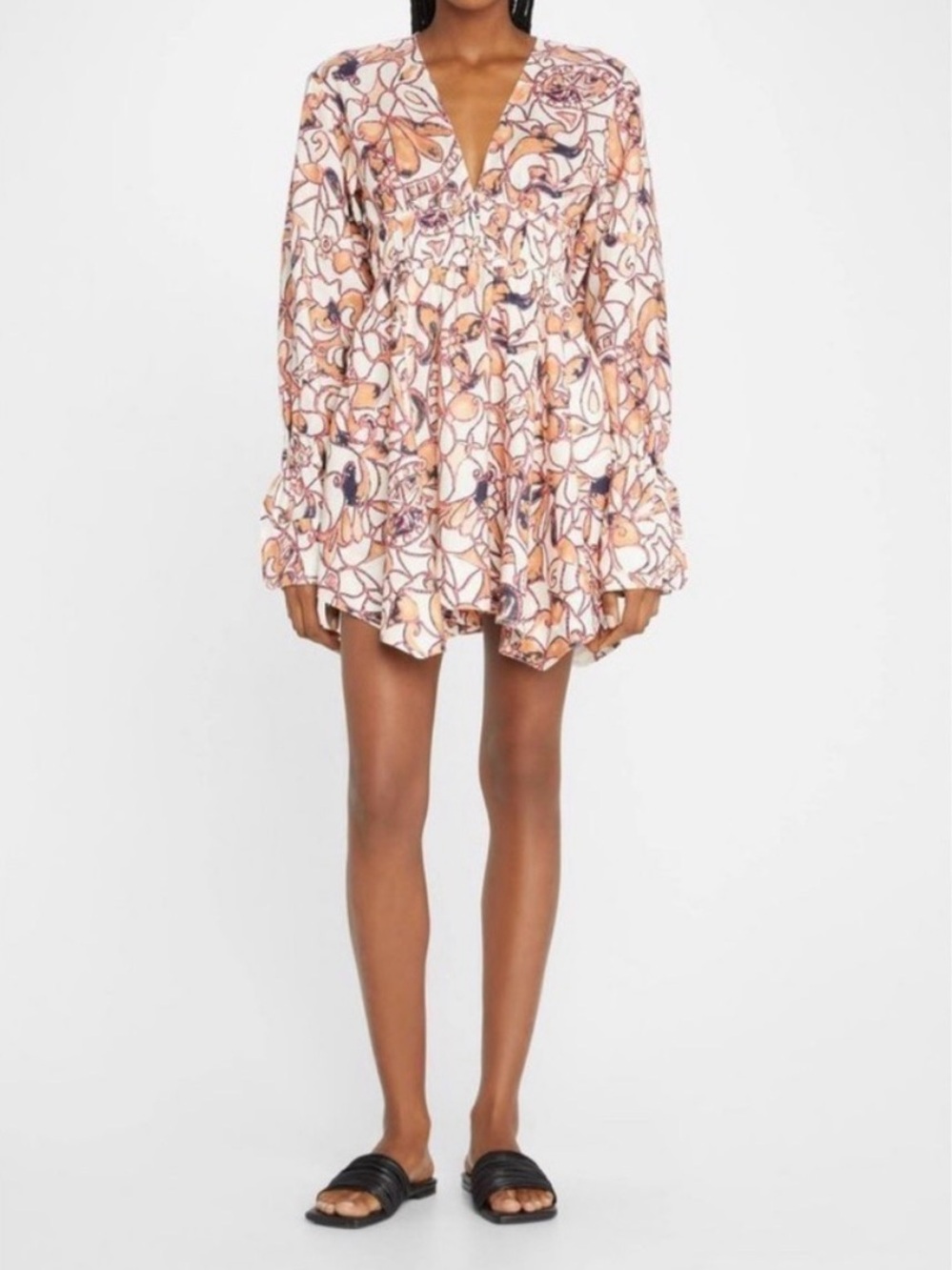 A.L.C. Salina Linen Abstract Printed Long Sleeve Handkerchief Mini Dress Size 2